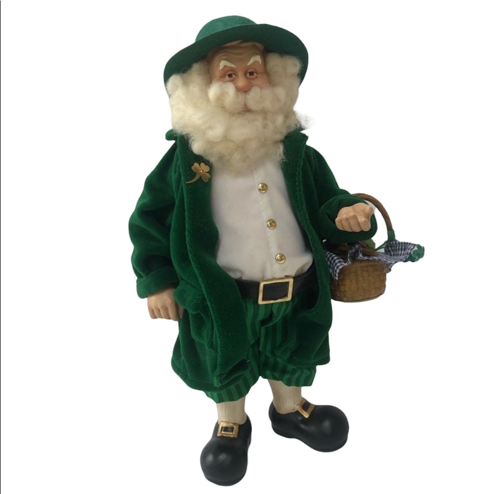 Vintage Irish Santa Green Velvet Clothing Walking Stick Picnic Basket Shamrocks